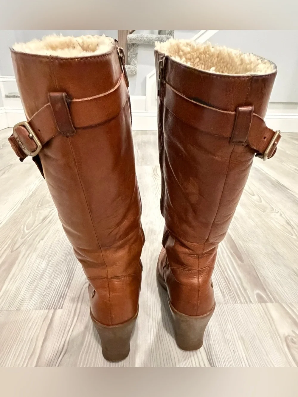 UGG Leather Tall Wedge Women’s Boots. Sherpa lined. Cognac Brown. Size 7. Used